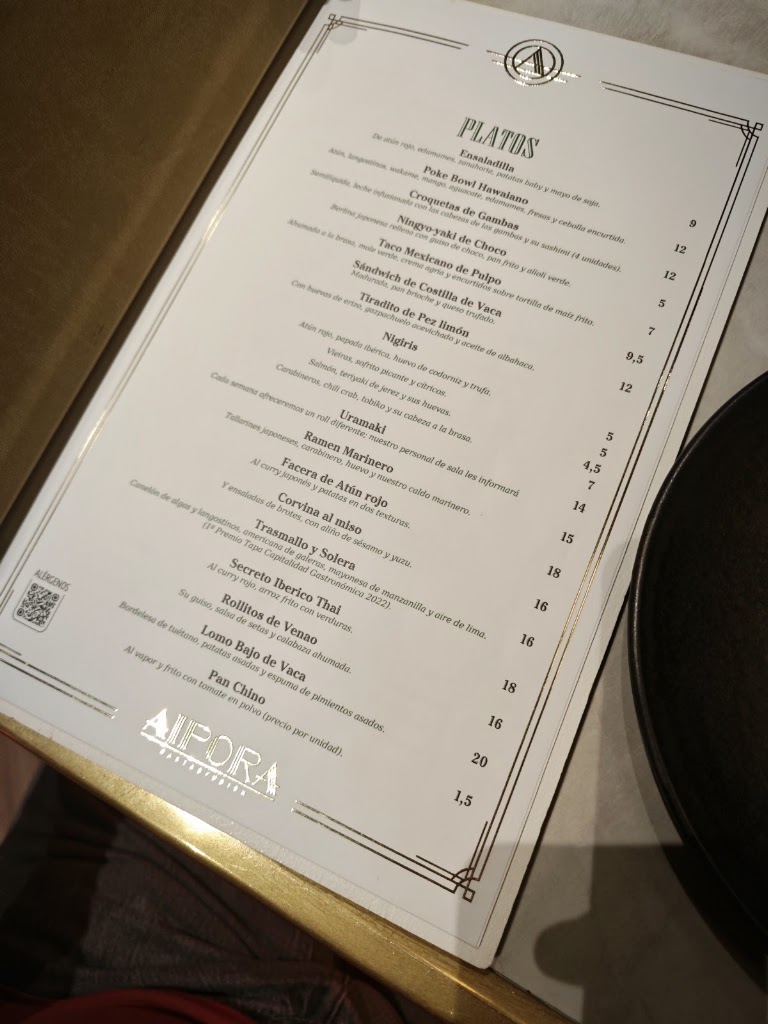 Restaurante Aipora Gastrofusion — Carta