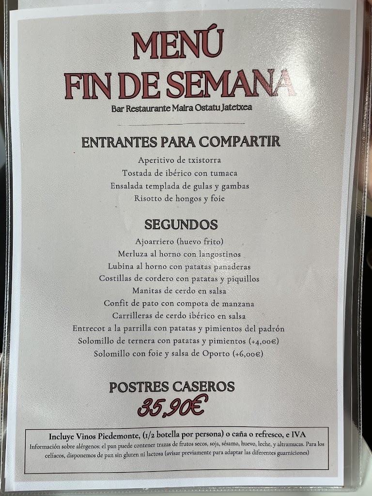Maira restaurante cafeteria — Carta
