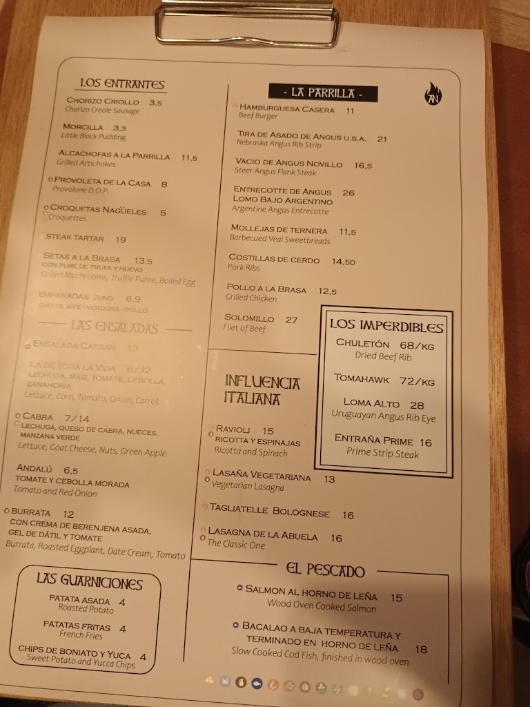 Asador Nagueles — Carta