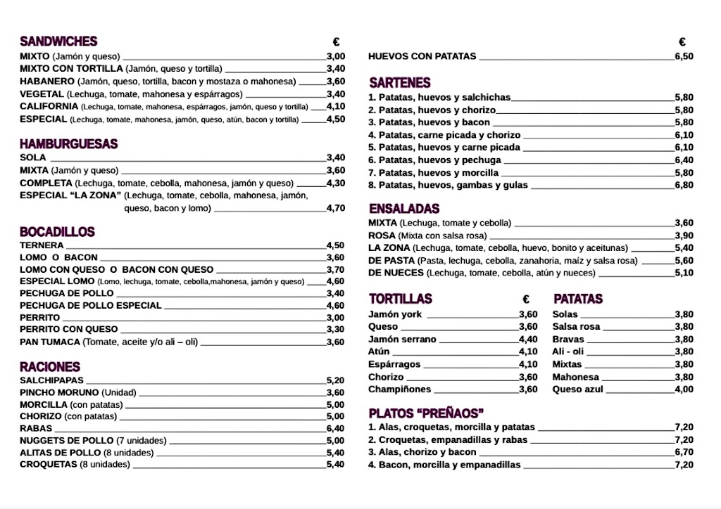 Cafeteria La Zona — Carta