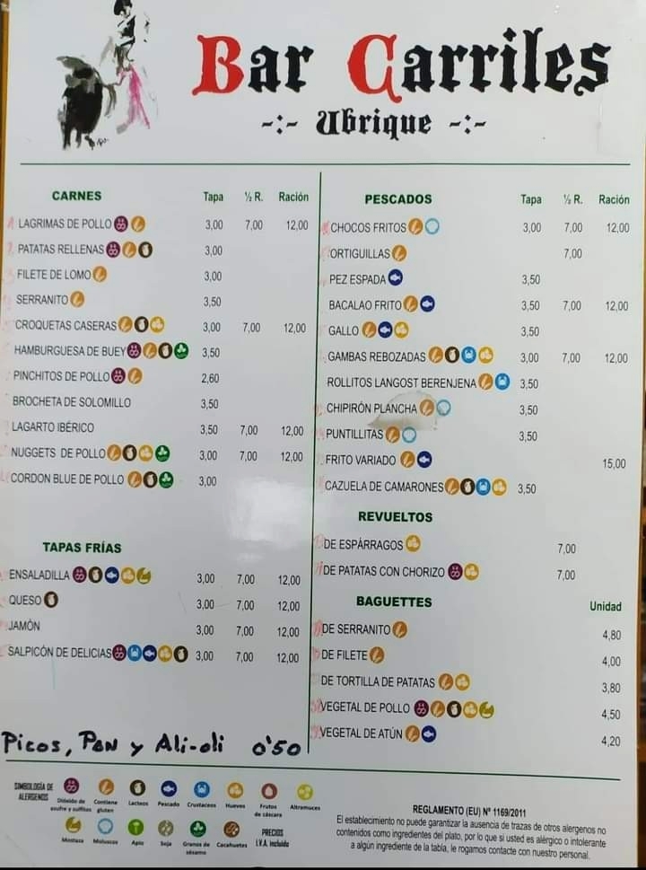 Bar Carriles — Carta