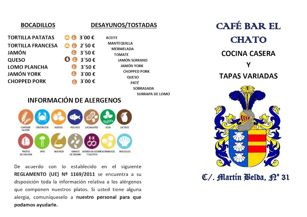 Cafe Bar "El Chato" — Carta