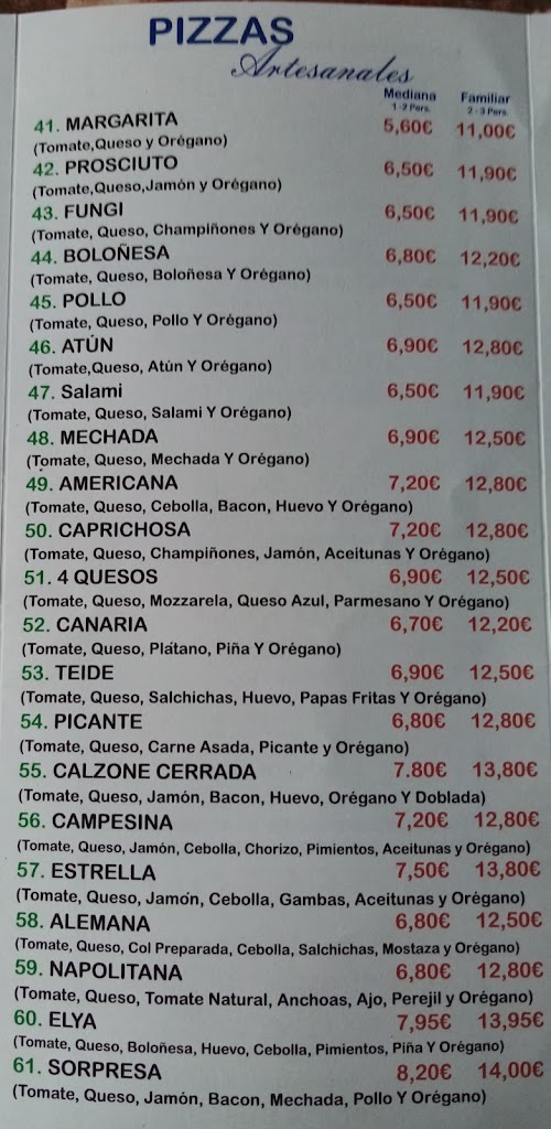 Restaurante Pizzeria IRE — Carta
