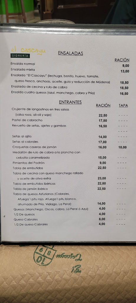 Sidreria El Cascayu — Carta