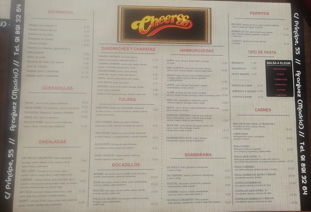 Restaurante Cheers — Carta