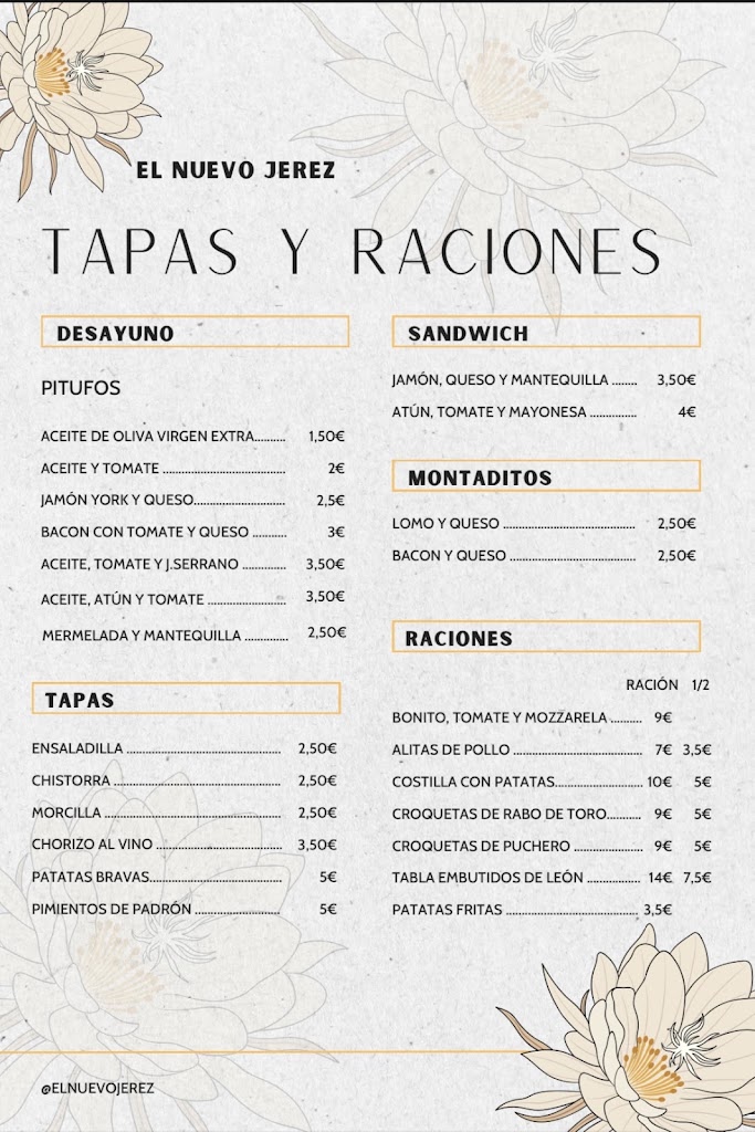El Nuevo Jerez - Desayunos, Tapas y Raciones (No Somos Bar Jerez) — Carta