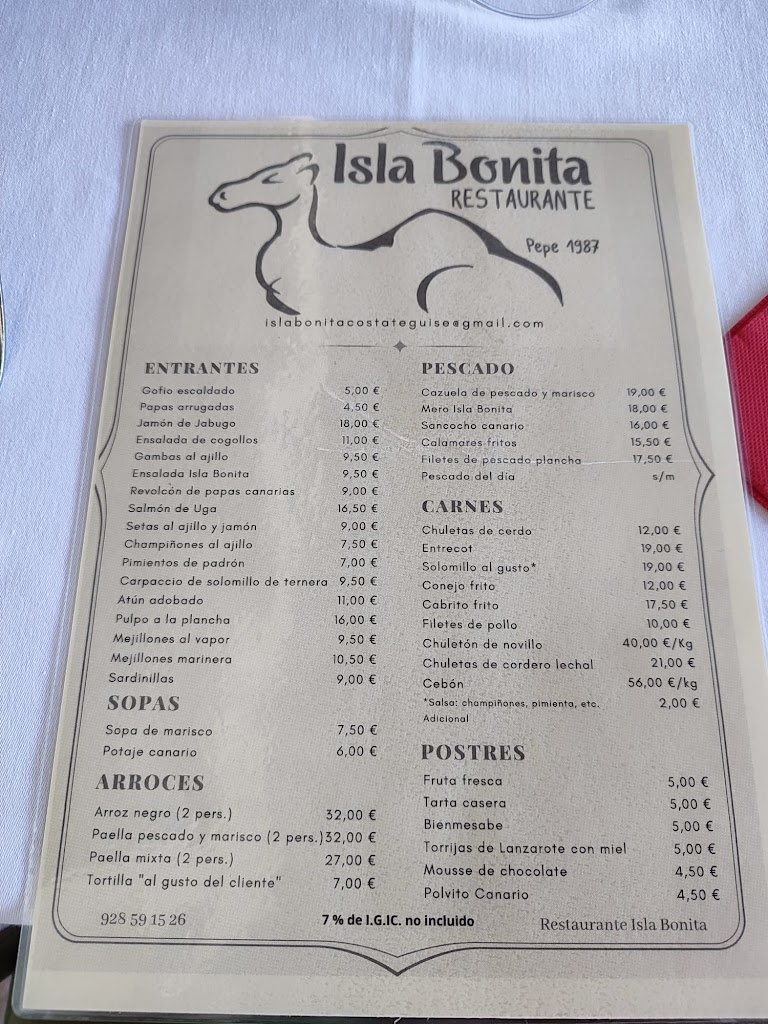 Restaurante Isla Bonita — Carta