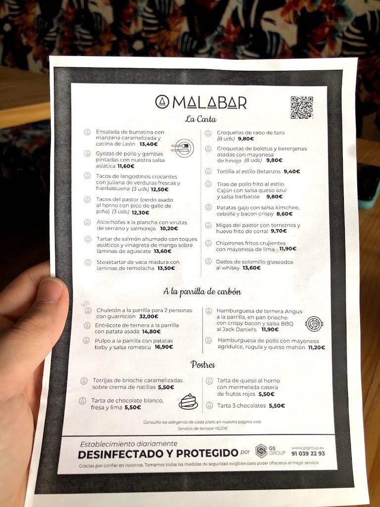 Restaurante Malabar — Carta