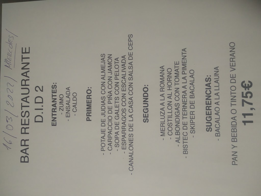 Bar Restaurante D. I D. 2 — Carta