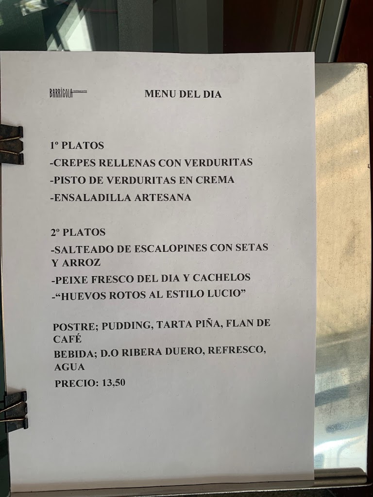Restaurante Barrigola — Carta
