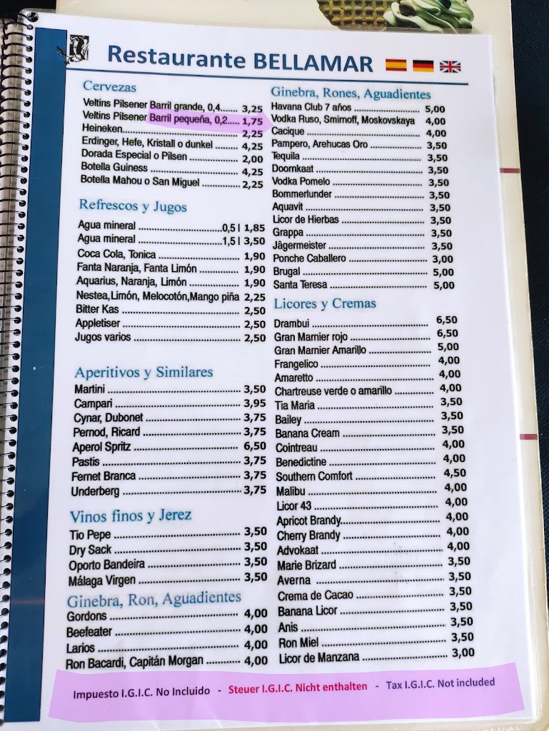 Restaurante Bellamar — Carta