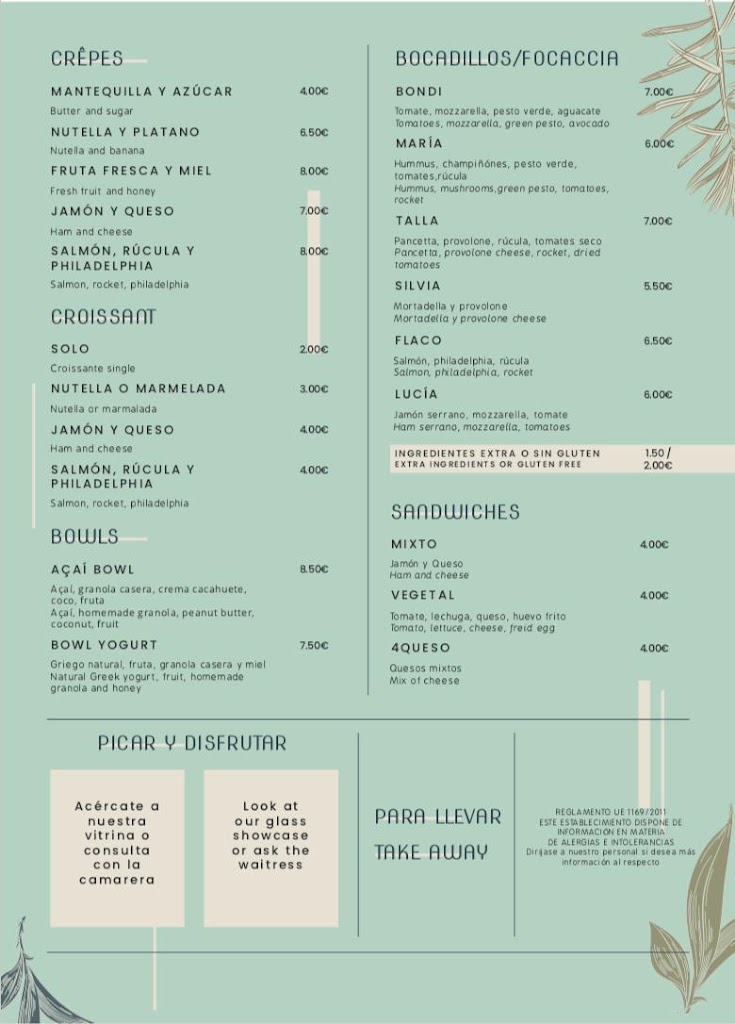 Bondi - Tarifa - Coffee & Brunch — Carta