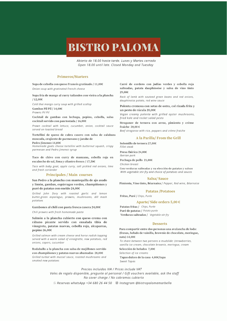 Bistro Paloma — Carta