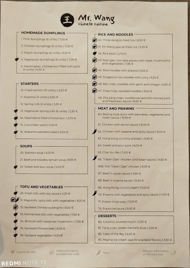 Restaurante Mr. Wang — Carta