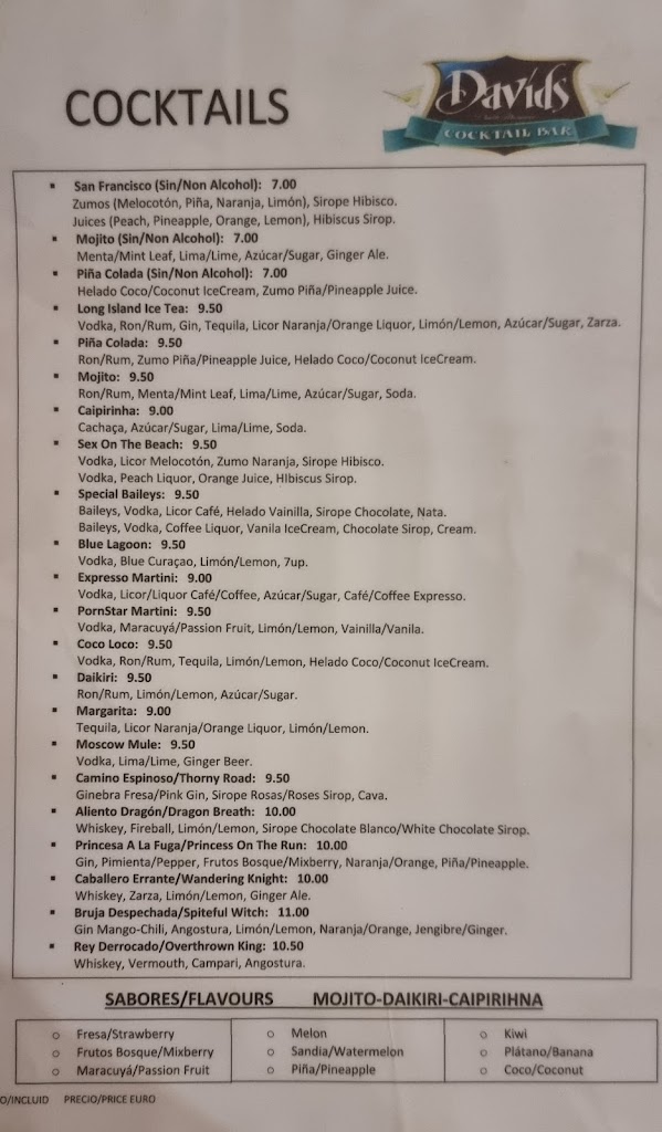 Davids Cocktail Bar — Carta