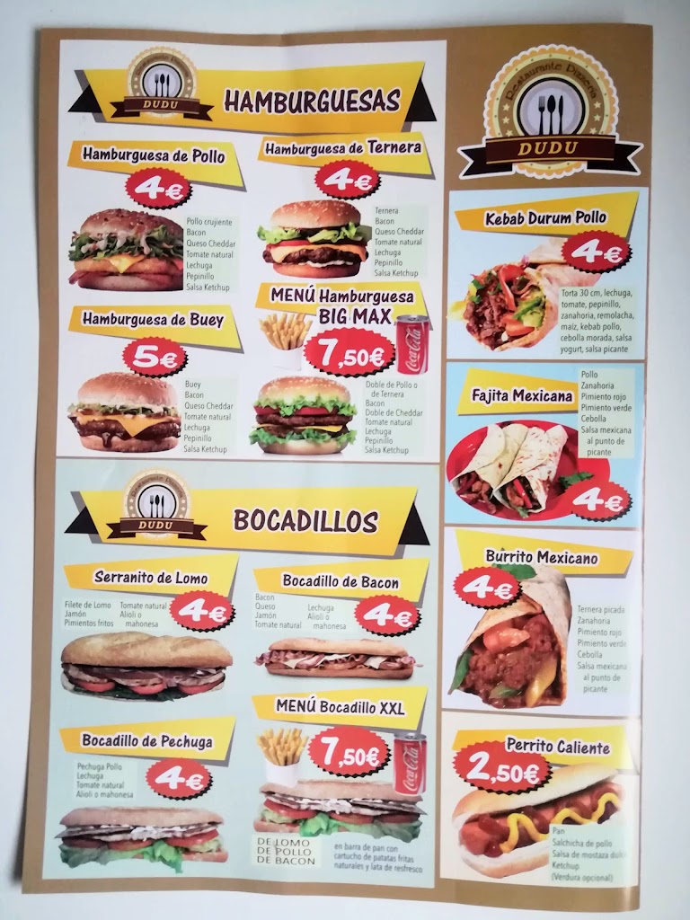 Restaurante Pizzeria Dudu — Carta