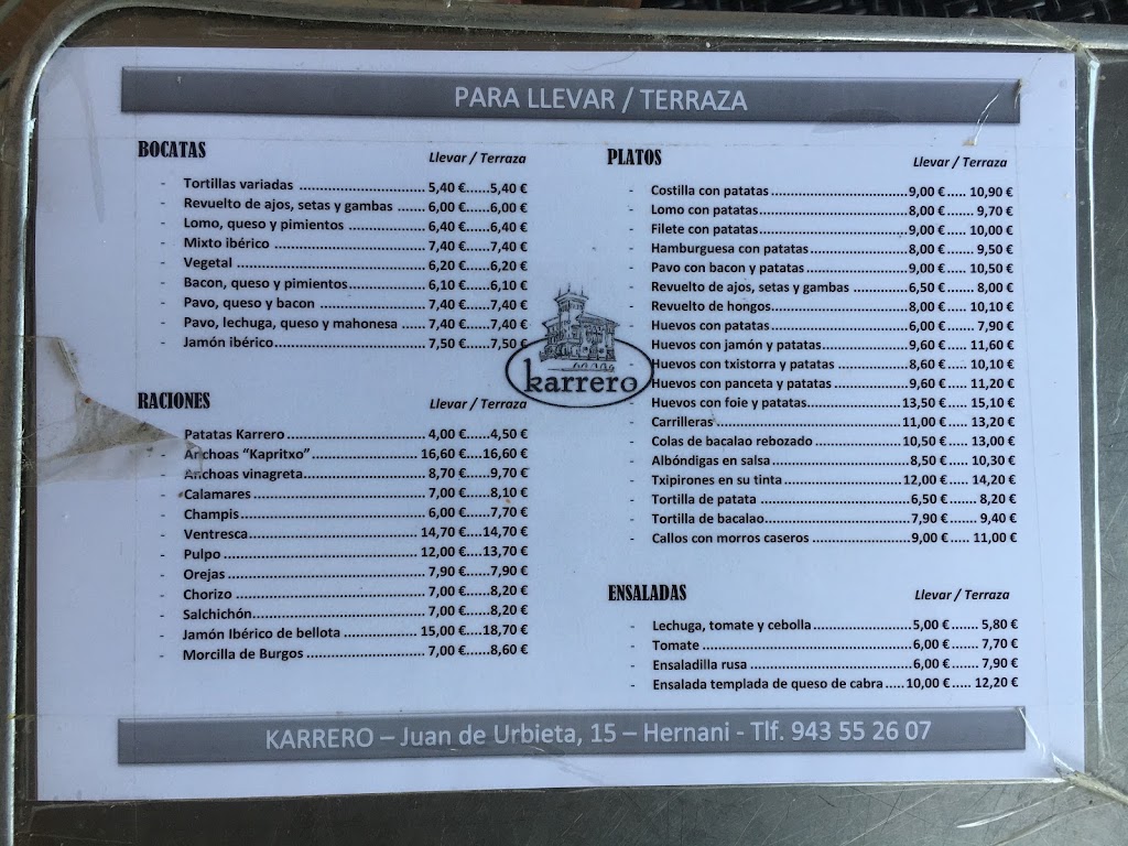 Bar Cafeteria Karrero — Carta