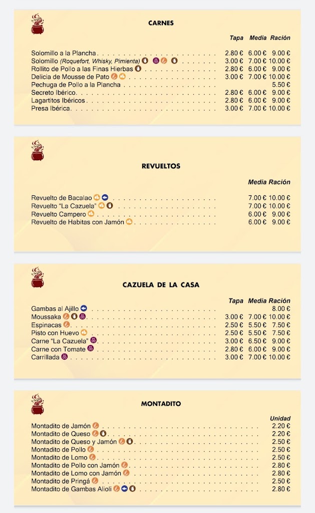 Bar La Cazuela — Carta