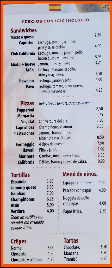 Bar California Lanzarote — Carta