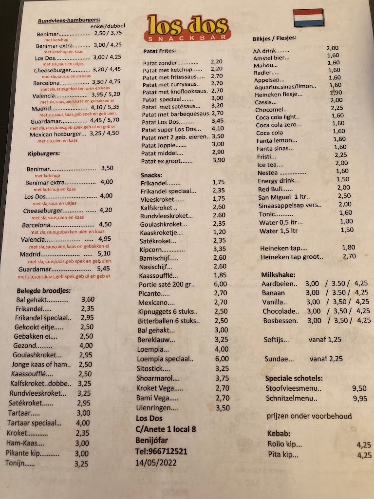 Snackbar Los Dos S.L. — Carta