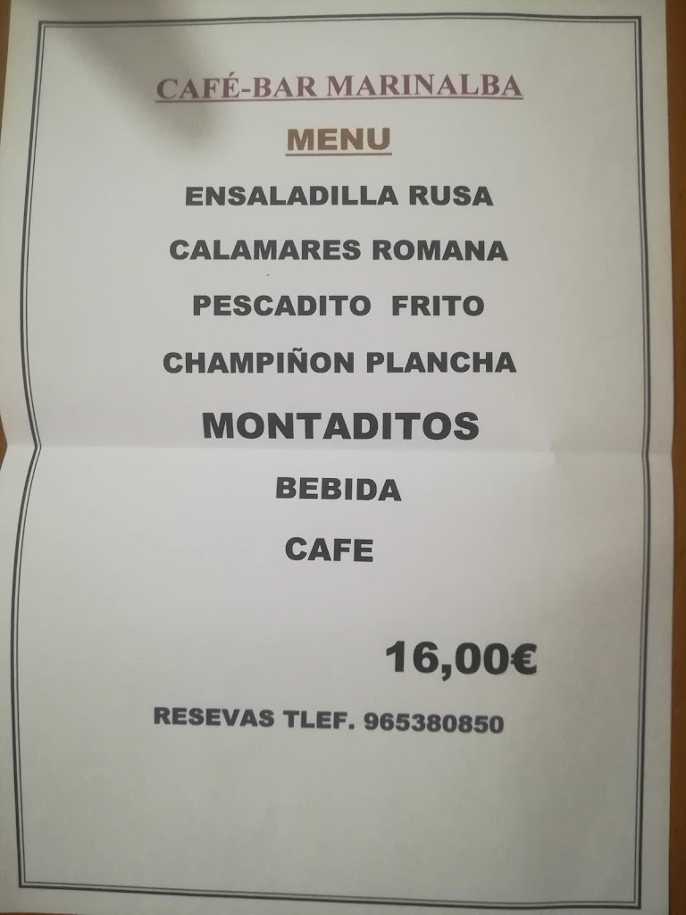 Marinalba Cafe Bar — Carta