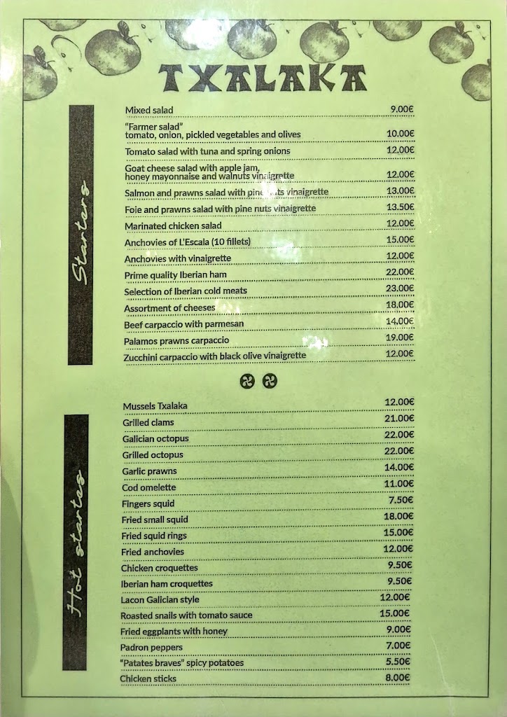 Restaurante Txalaka — Carta