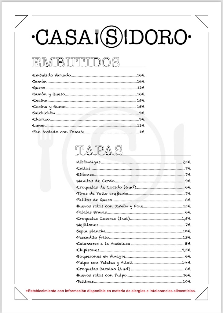 Bar Restaurant Casa Isidoro — Carta