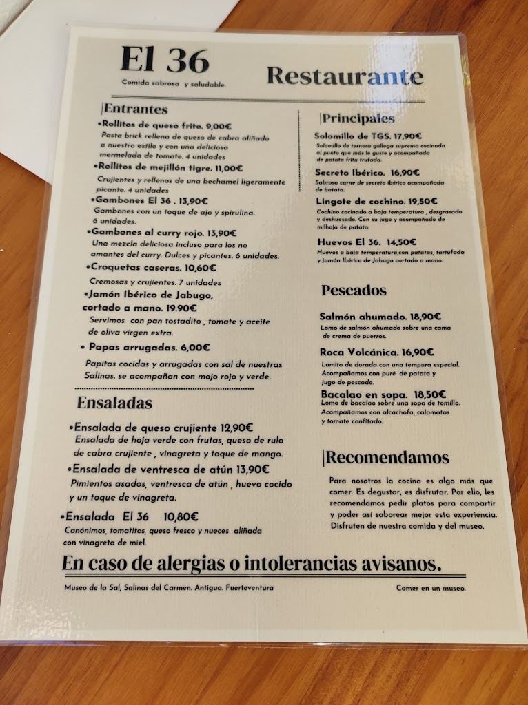 Restaurante El 36 Cafeteria — Carta