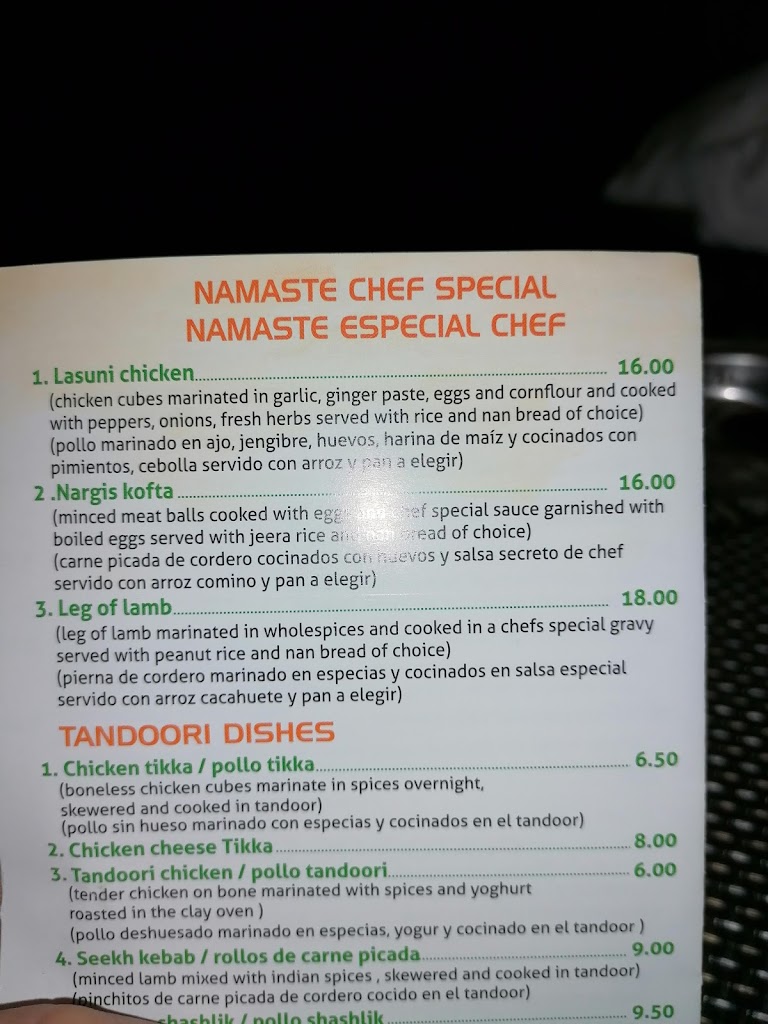 Namaste Restaurante Hindu — Carta