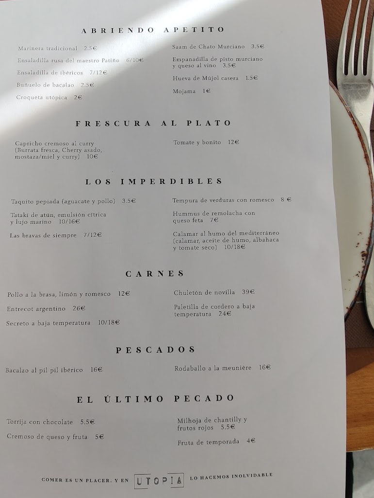 Restaurante Utopia — Carta