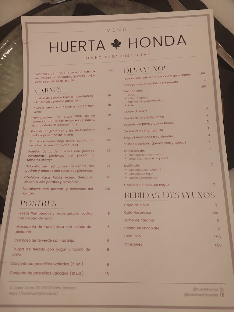 Restaurante Huerta Honda — Carta