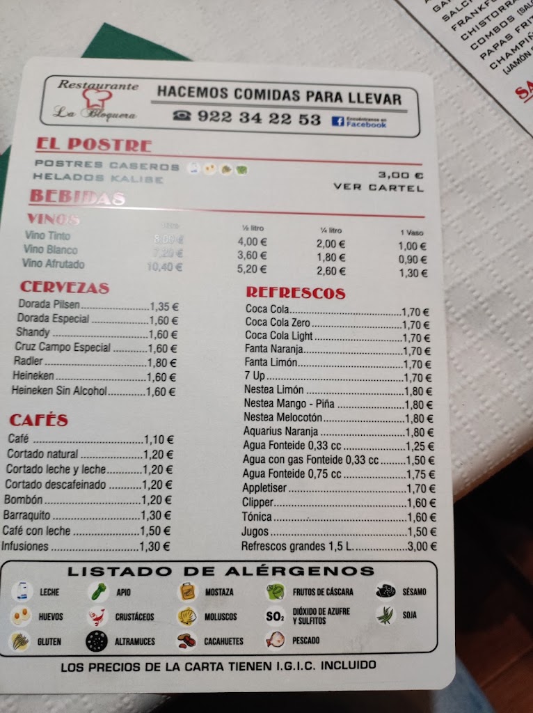 Restaurante La Bloquera — Carta