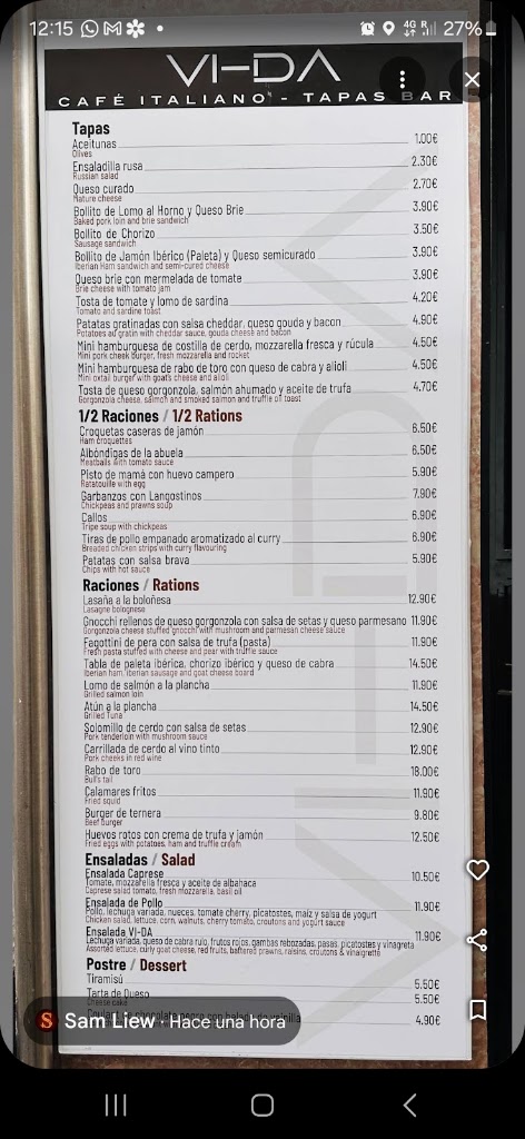 Bar vida cafeteria — Carta