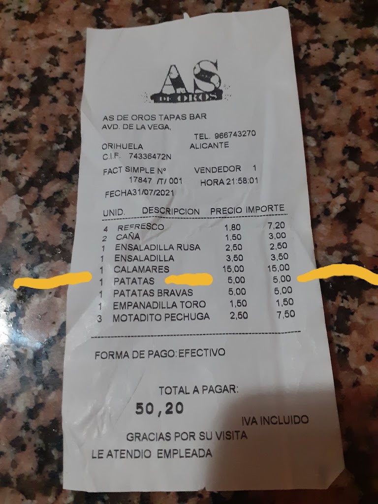 As de Oros Orihuela Restaurante — Carta