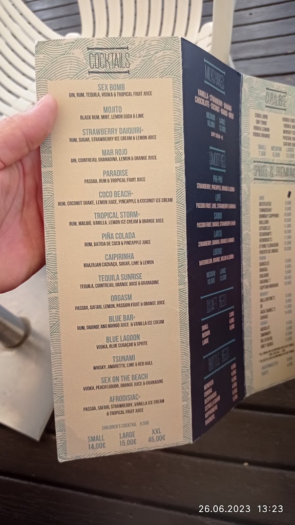Blue Bar Lloret de Mar — Carta
