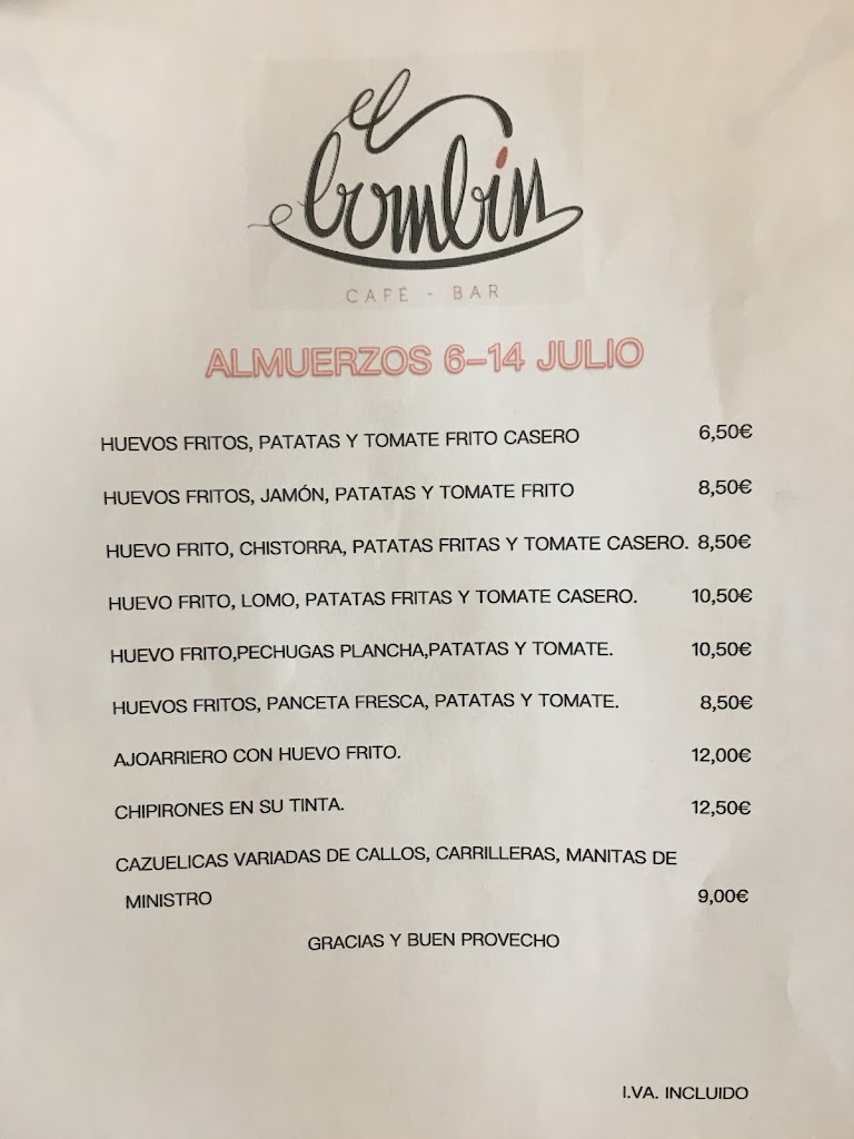 Restaurante Cafe Bar El Bombin — Carta