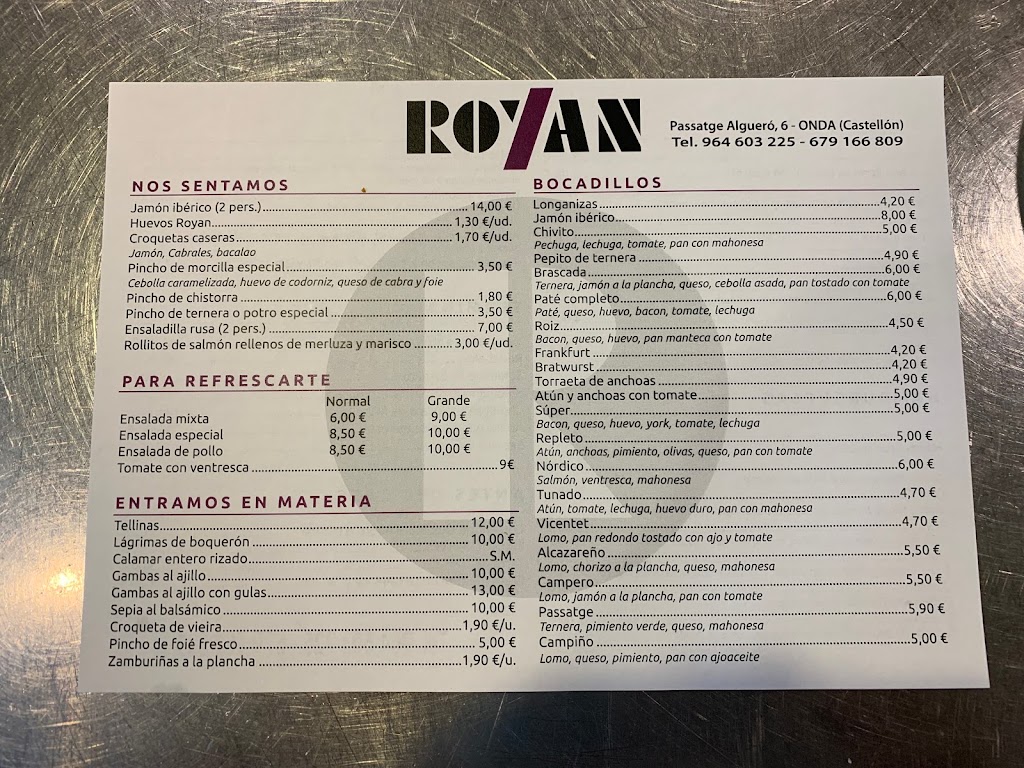 Royan Restaurante — Carta
