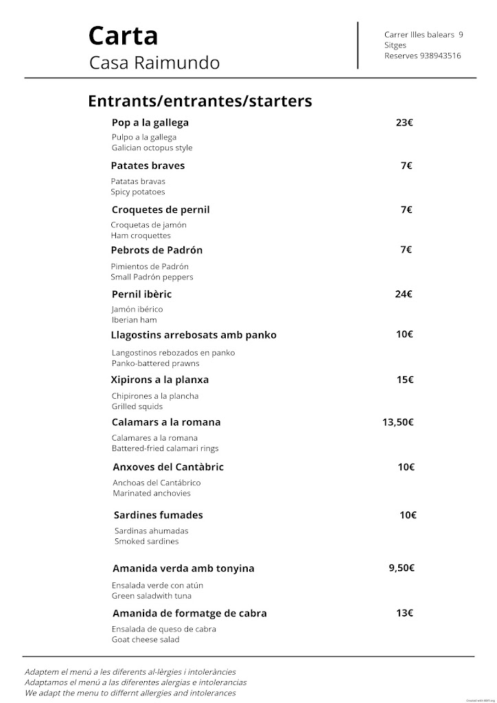 Casa Raimundo Restaurante — Carta