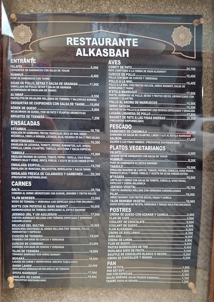 Restaurante Alkasbah — Carta