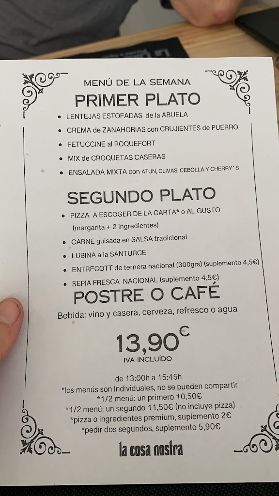 La Cosa Nostra Ristorante Pizzeria — Carta