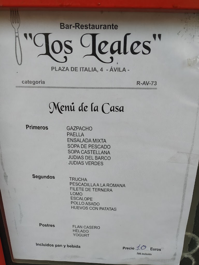 Bar Restaurante Los Leales — Carta