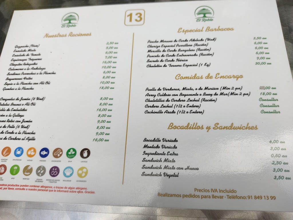 El Roble, bar kiosko — Carta