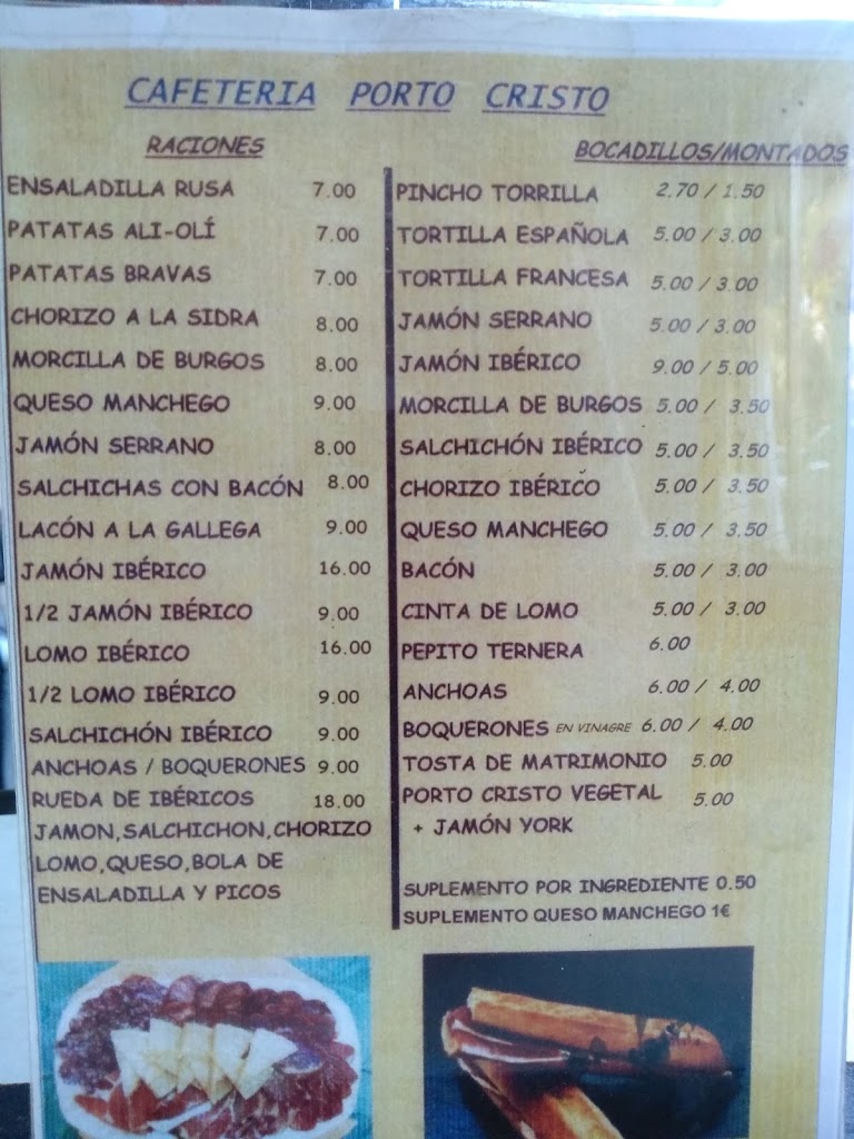 Cafeteria PORTO CRISTO — Carta