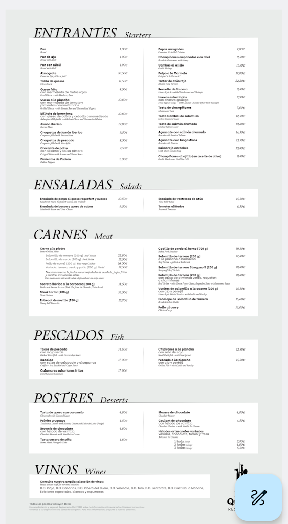 Restaurante Don Quixote — Carta