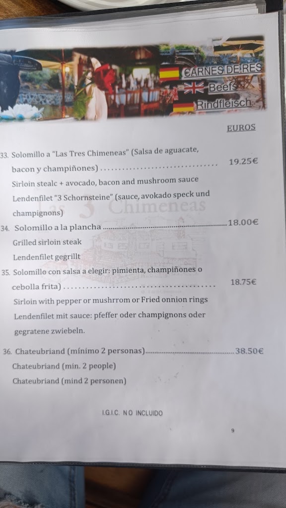 Restaurante las Tres Chimeneas — Carta