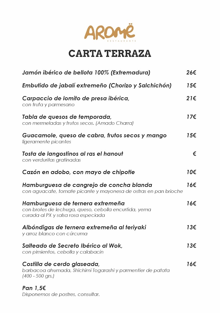 Arome Restaurante Plasencia — Carta