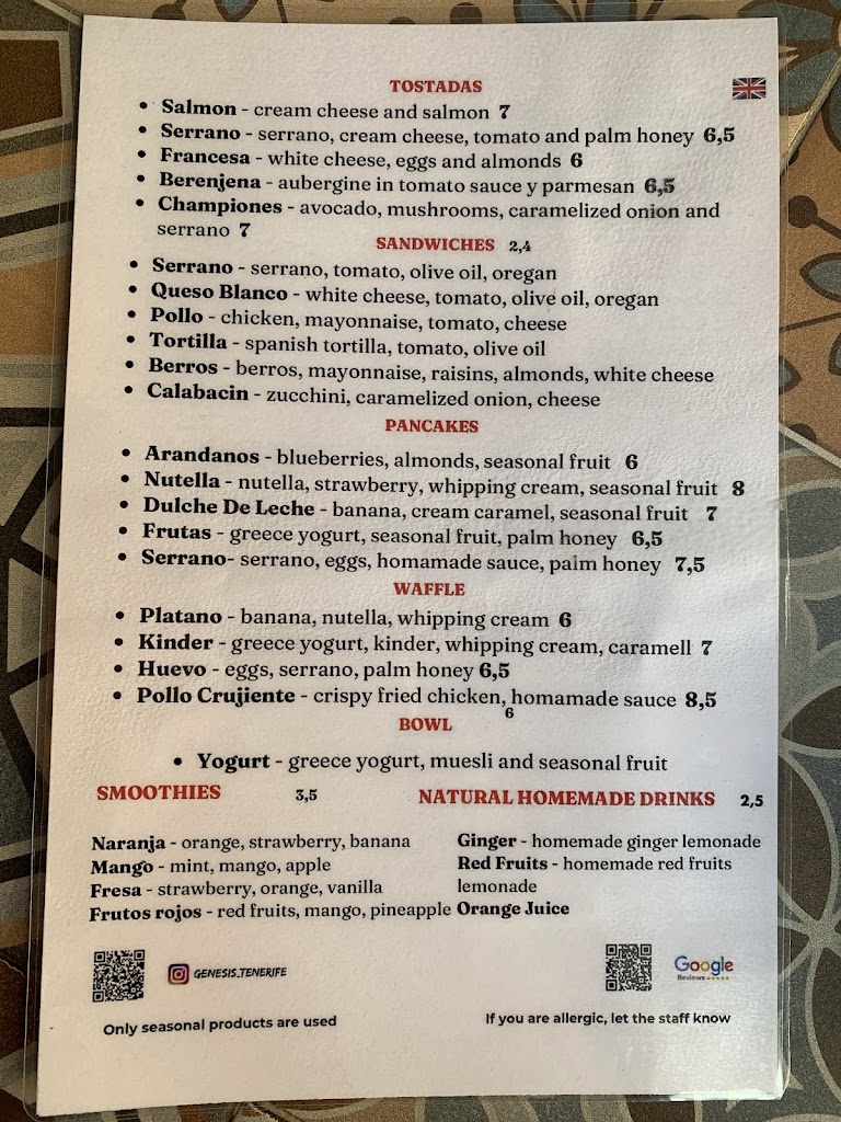 Genesis Restaurante — Carta