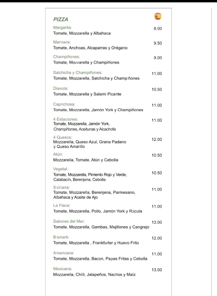 Restaurante Pizzeria La Flaca — Carta