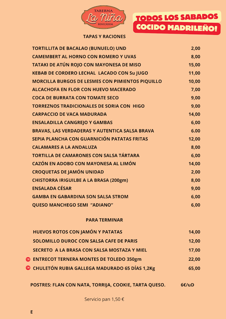 Taberna la Nina — Carta