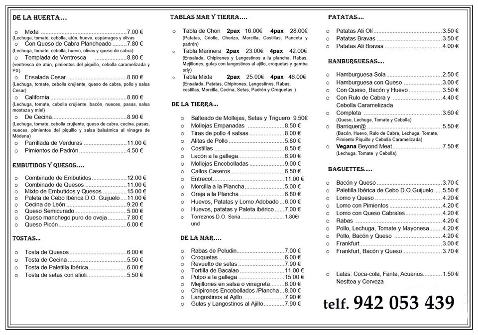 La Barrica Cerveceria — Carta